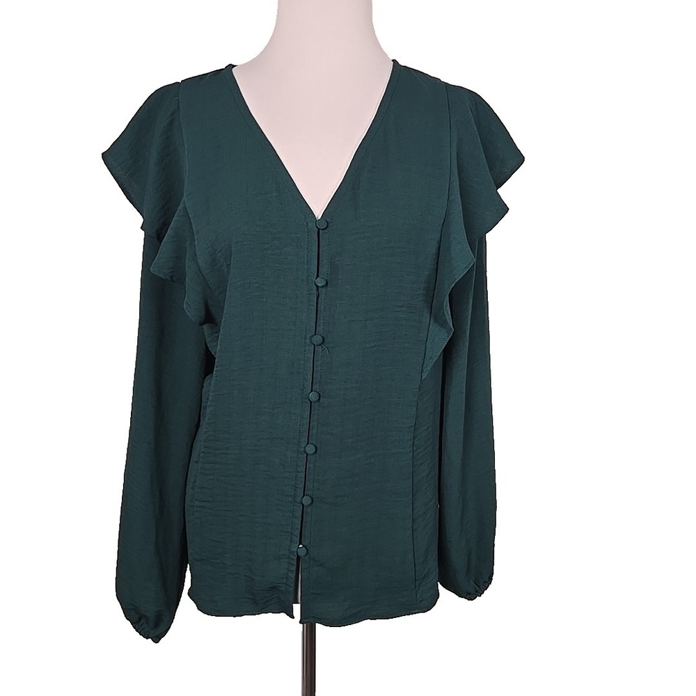 Nine West Hunter Green Button-Front Long Sleeve Ruffle Accent Blouse Large L